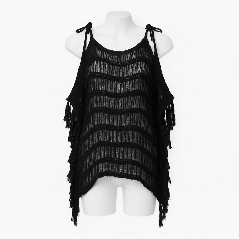Boston Proper‎ Fringe Top Cover Up Tie Strap Sleeveless Black XS/S